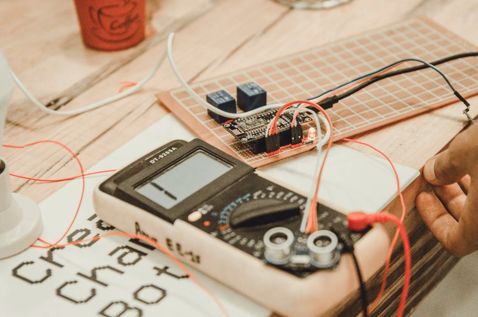A microcontroller wired on a breadboard beside a multimeter, a handwritten chatbot note under it