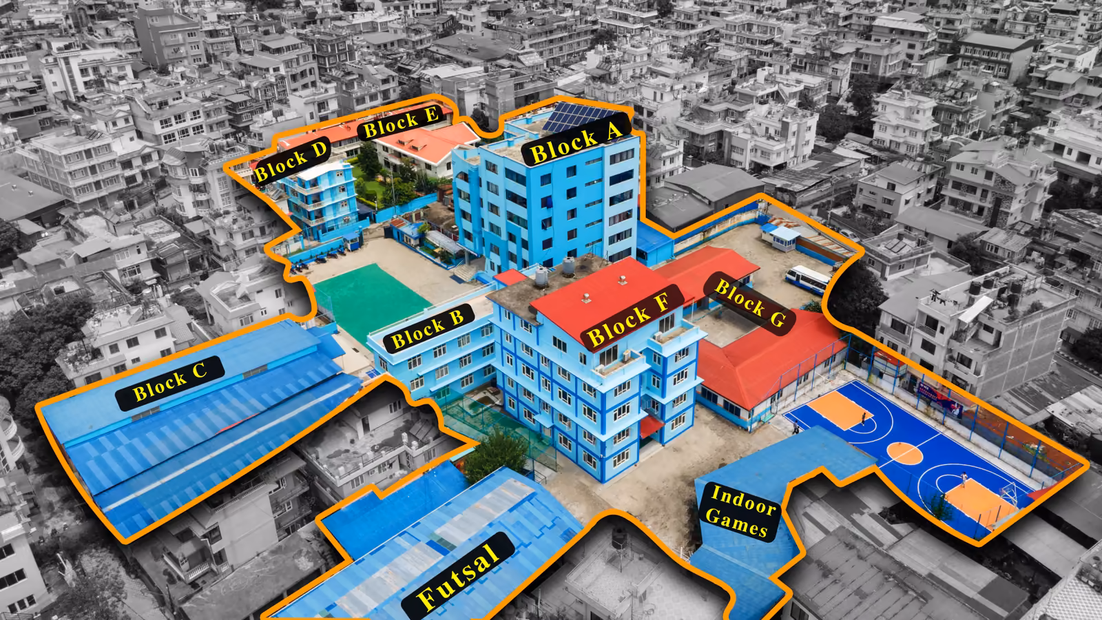 An annotated aerial of the campus, each block lettered and the futsal court marked