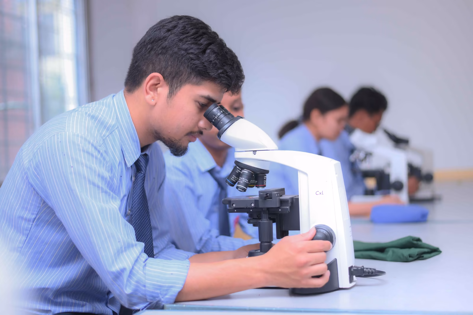 A student at a microscope in the laboratory, more microscopes down the bench behind him